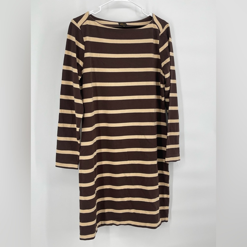 LL Bean Vintage Dress ‎ Brown Striped Long Sleeve Dress Casual Cotton Size 8